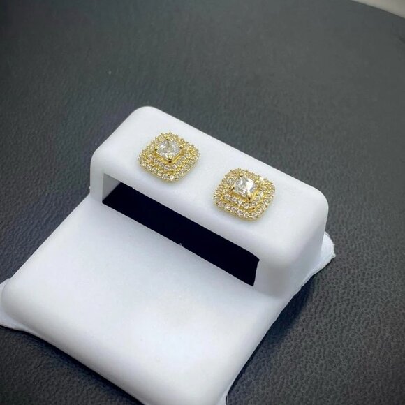 Baby Womens  Square Stud Earrings 14K Real Gold Push Back Baguette 2 Row CZ - Picture 3 of 6